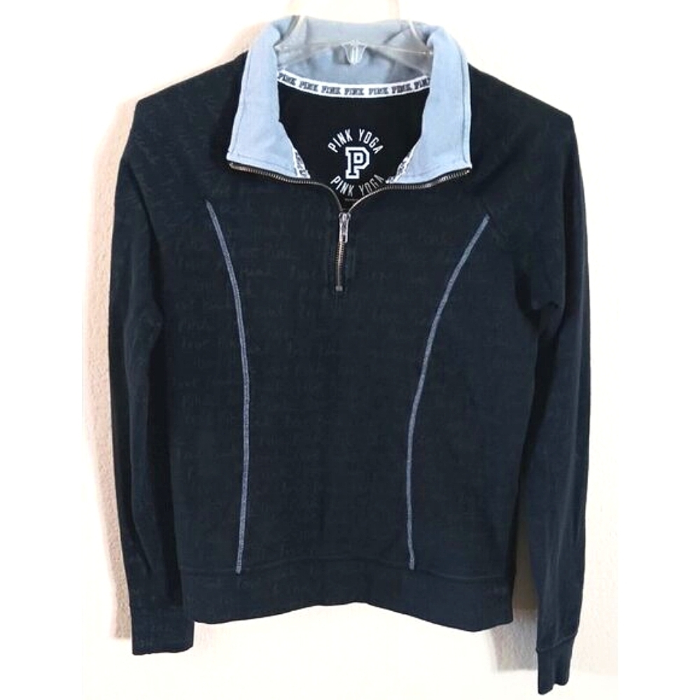 VICTORIA'S SECRET PINK 1/4 ZIP All Over Print Pullover Yoga Black Gray Sz S